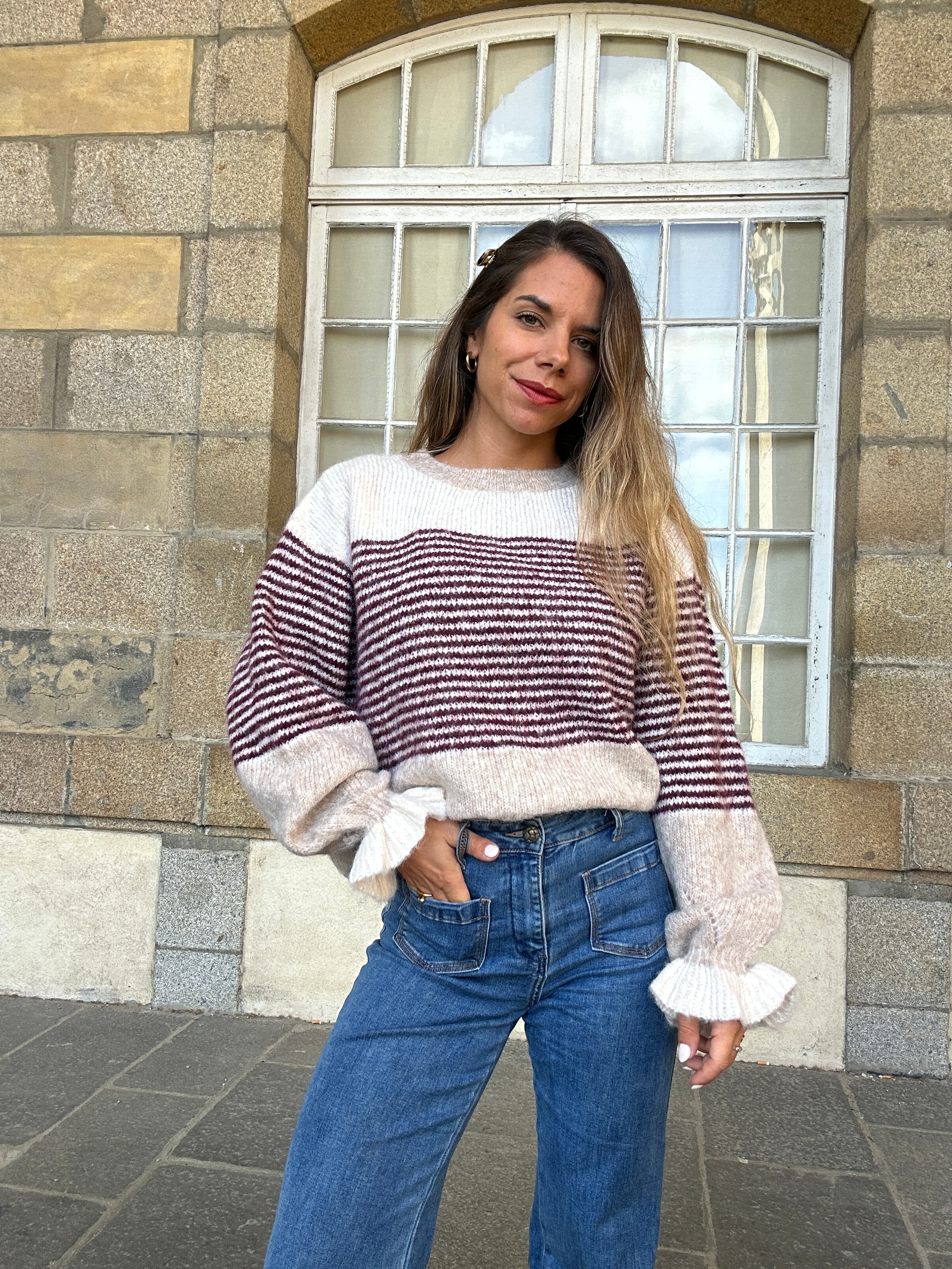 Pull Soline Taupe Rayé Bordeaux