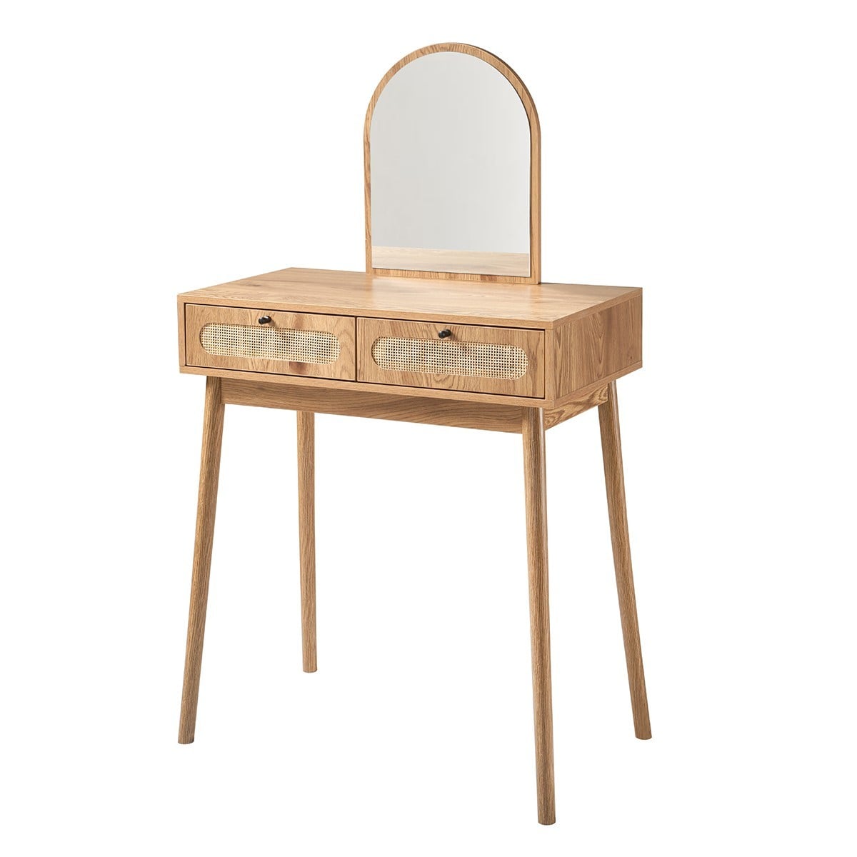 Alia - Coiffeuse Avec Miroir Et 2 Tiroirs Façades Rotin - Bois Clair