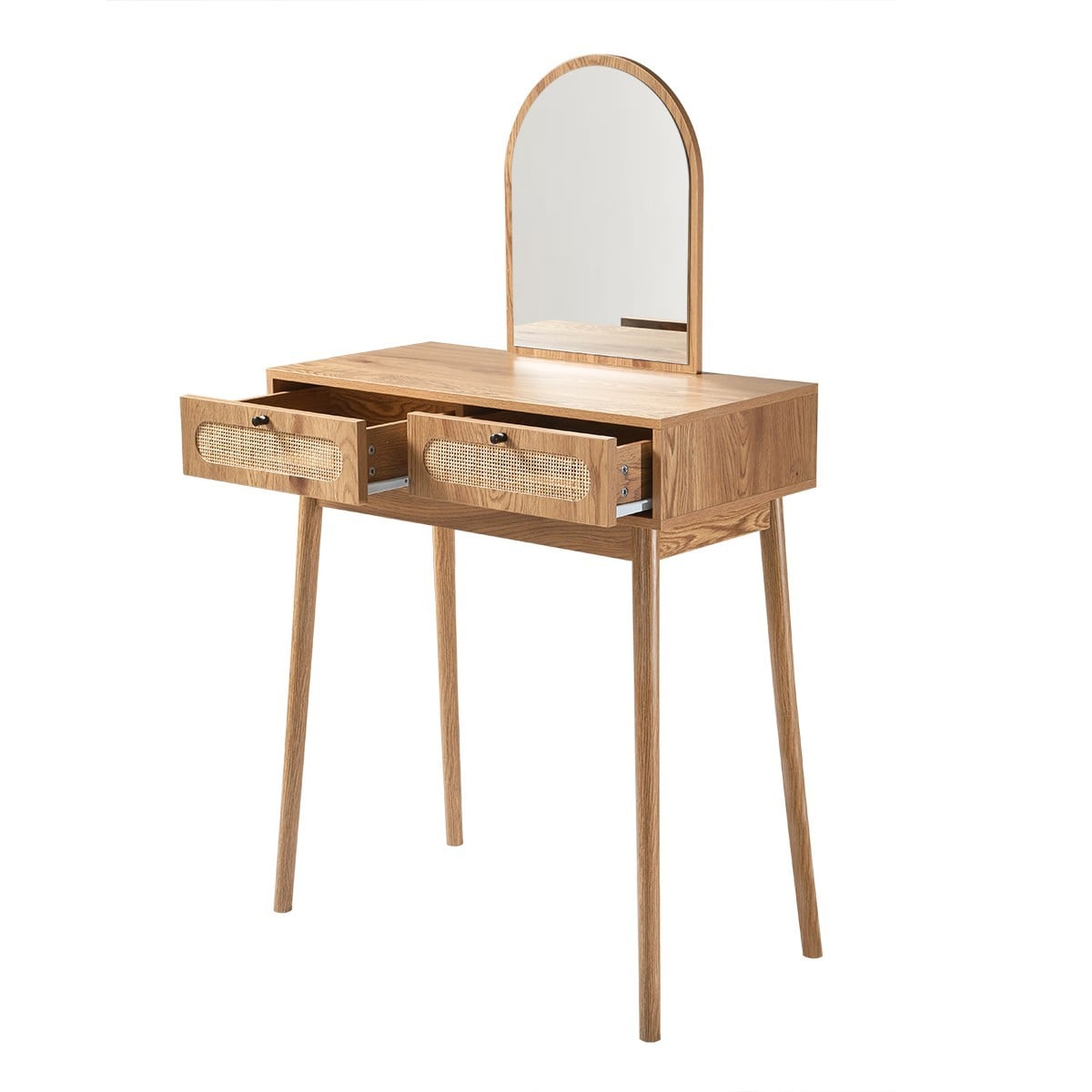 Alia - Coiffeuse Avec Miroir Et 2 Tiroirs Façades Rotin - Bois Clair