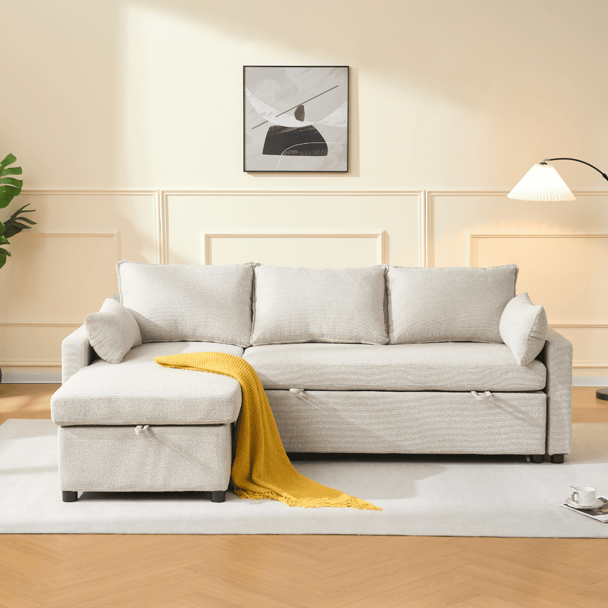 Louison - 3-Seater Convertible Sofa with Chaise Longue - Beige Fabric
