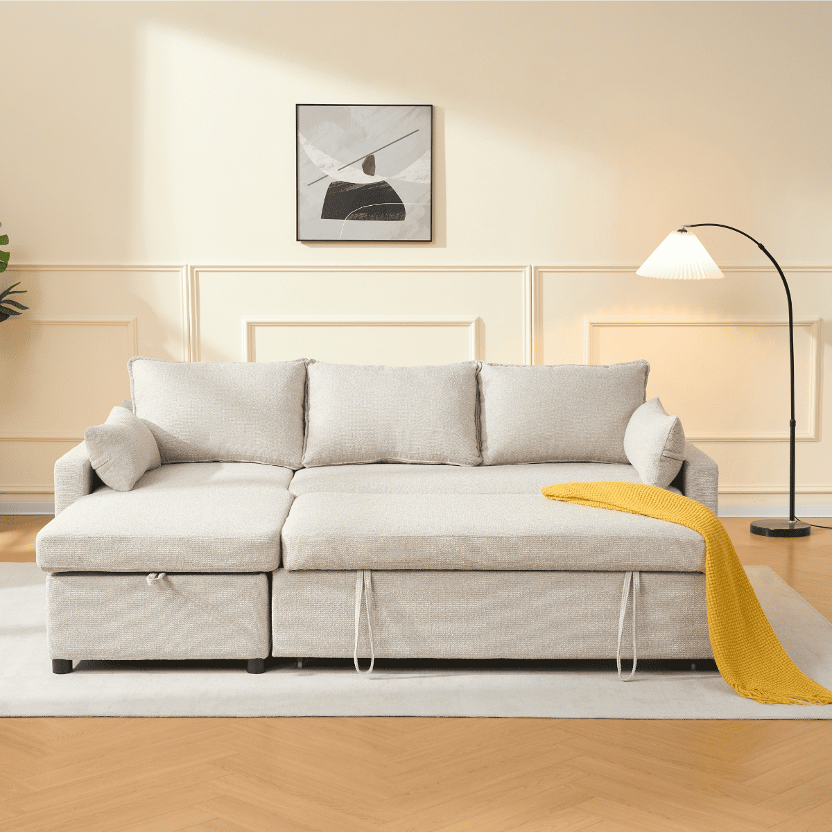 Louison - 3-Seater Convertible Sofa with Chaise Longue - Beige Fabric