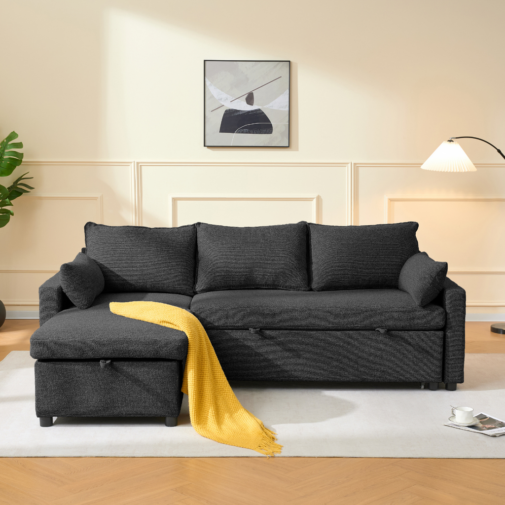 Louison - 3-Seater Convertible Sofa with Chaise Longue - Anthracite Grey Fabric