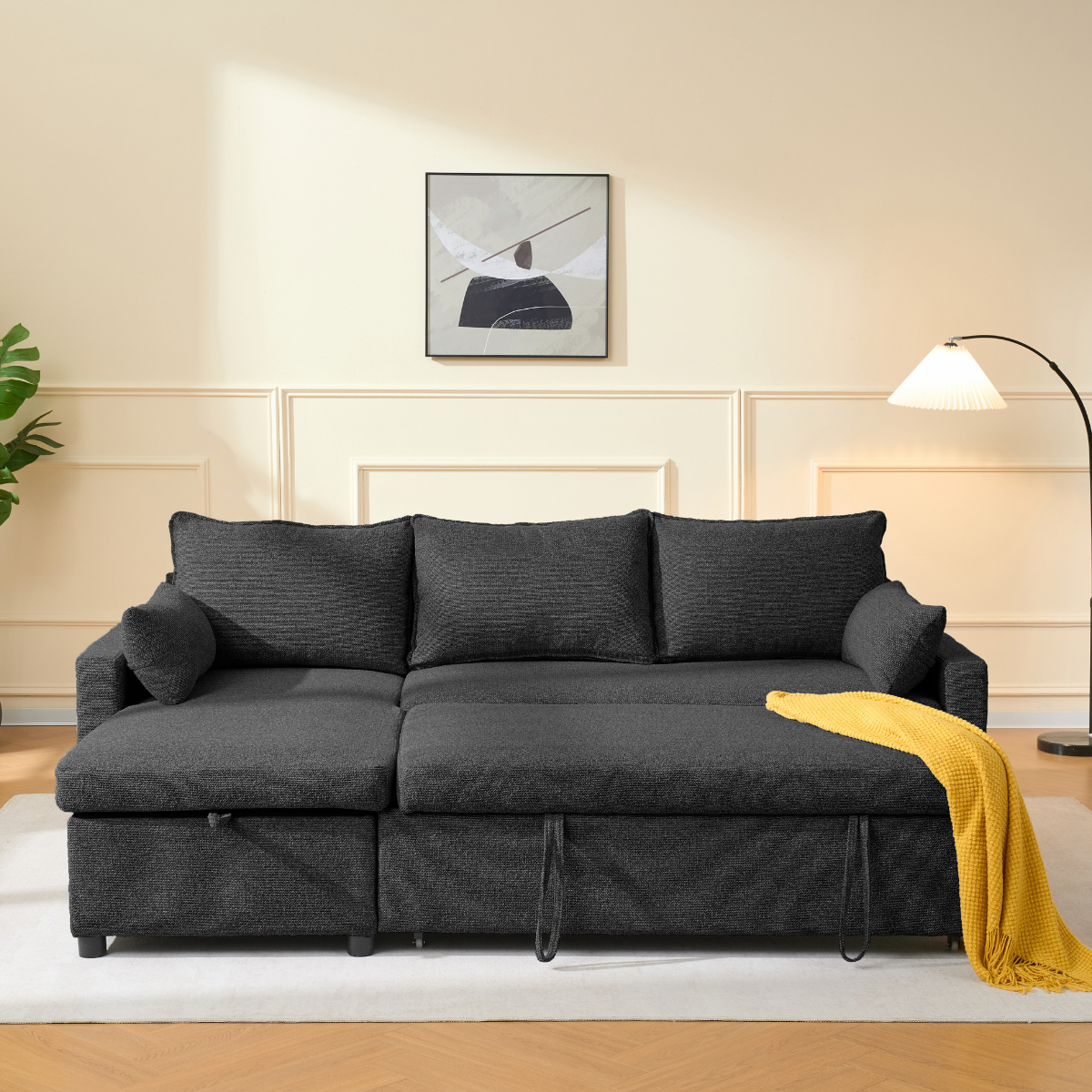 Louison - 3-Seater Convertible Sofa with Chaise Longue - Anthracite Grey Fabric