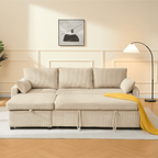 Louison - 3-Seater Convertible Sofa with Chaise Longue - Beige Corduroy