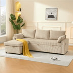 Louison - 3-Seater Convertible Sofa with Chaise Longue - Beige Corduroy