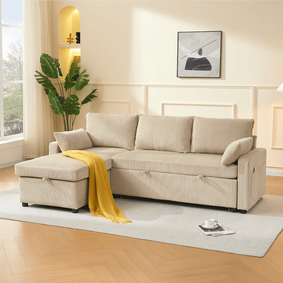 Louison - 3-Seater Convertible Sofa with Chaise Longue - Beige Corduroy