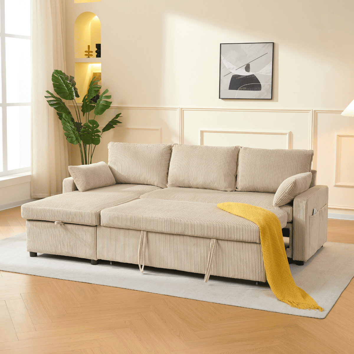 Louison - 3-Seater Convertible Sofa with Chaise Longue - Beige Corduroy
