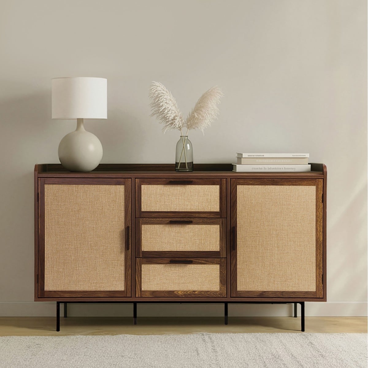 Jetson - Buffet 3 Tiroirs / 2 Portes - Tissu & Noyer