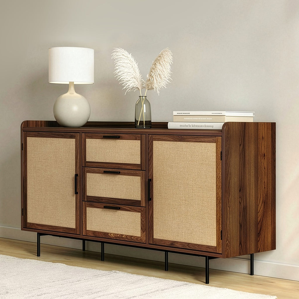 Jetson - Buffet 3 Tiroirs / 2 Portes - Tissu & Noyer