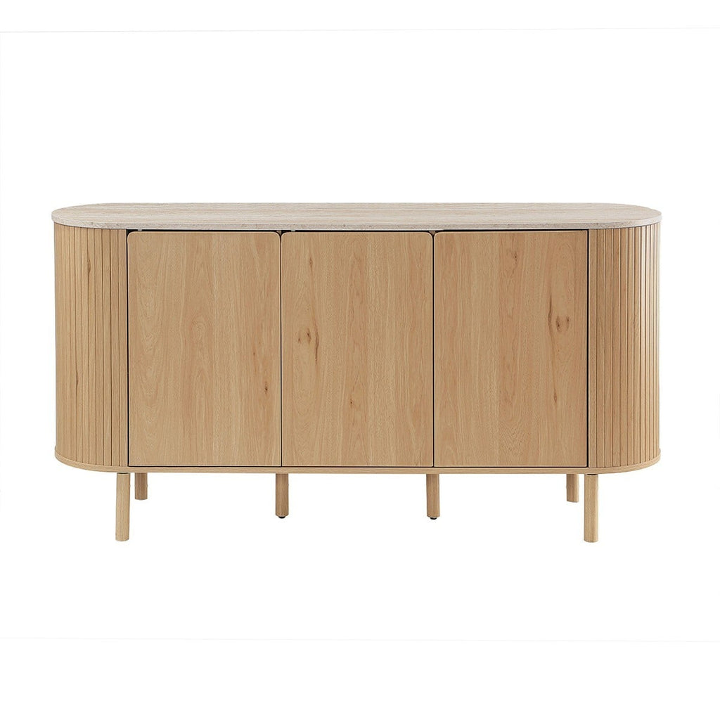 Helios - Buffet 3 Portes Avec Plateau Effet Travertin - Bois Clair Et Travertin