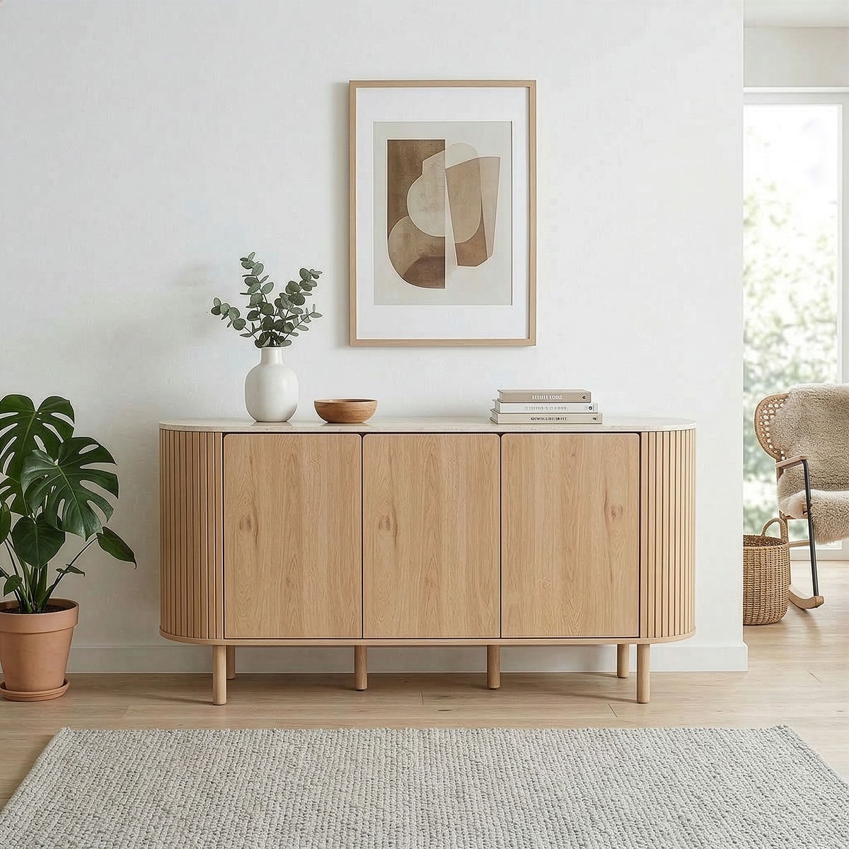 Helios - Buffet 3 Portes Avec Plateau Effet Travertin - Bois Clair Et Travertin
