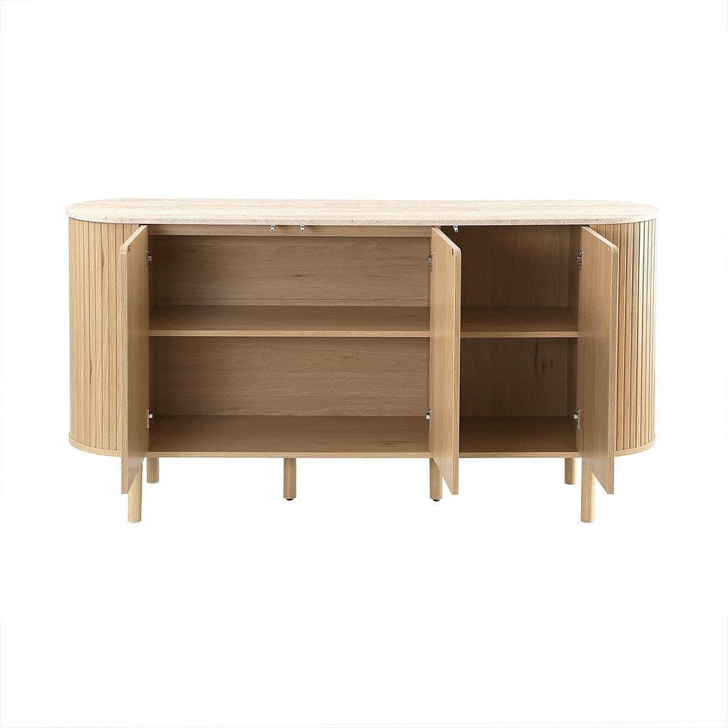 Helios - Buffet 3 Portes Avec Plateau Effet Travertin - Bois Clair Et Travertin