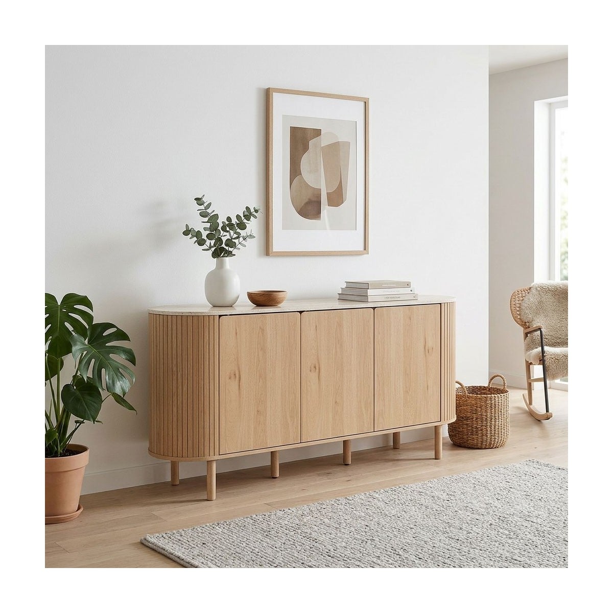 Helios - Buffet 3 Portes Avec Plateau Effet Travertin - Bois Clair Et Travertin