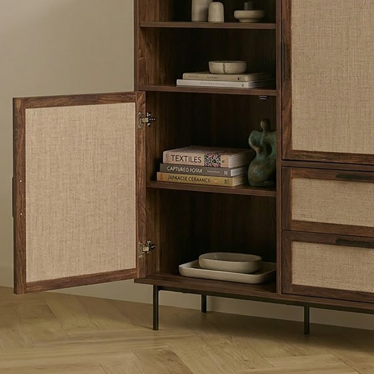 Jetson - Buffet Haut 2 Tiroirs / 2 Portes - Tissu & Noyer
