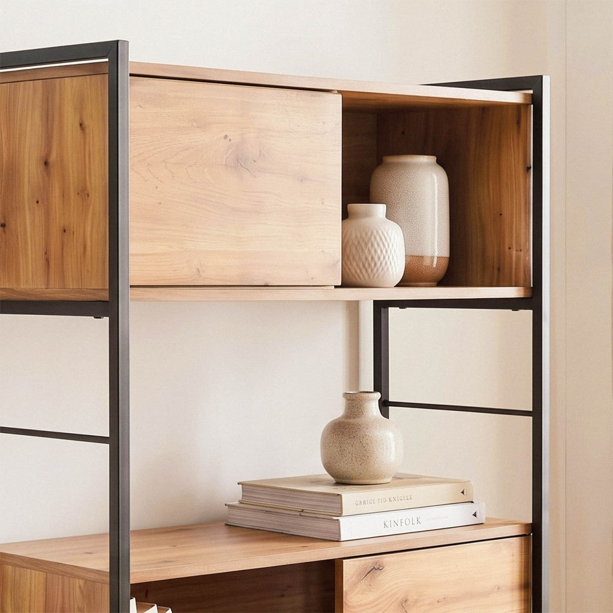 Lenny - Bibliothèque 3 Portes Coulissantes - Bois Clair
