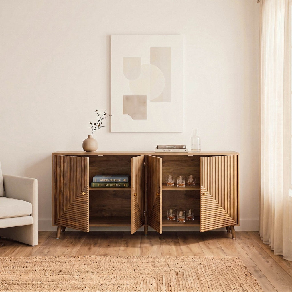 Eden Sideboard - 4-Door Sideboard with Slatted Fronts - Light Wood