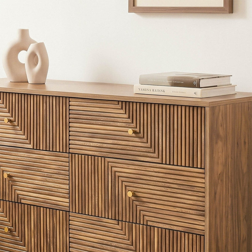 Eden - Commode 6 Tiroirs Façades Lamellées - Bois Clair