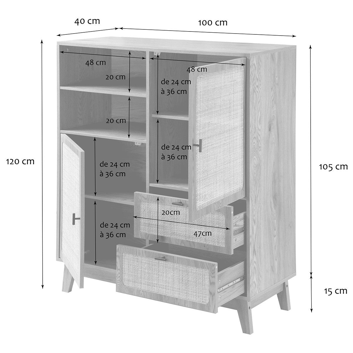 Alia - Tall Sideboard with 2 Doors/2 Drawers - Rattan