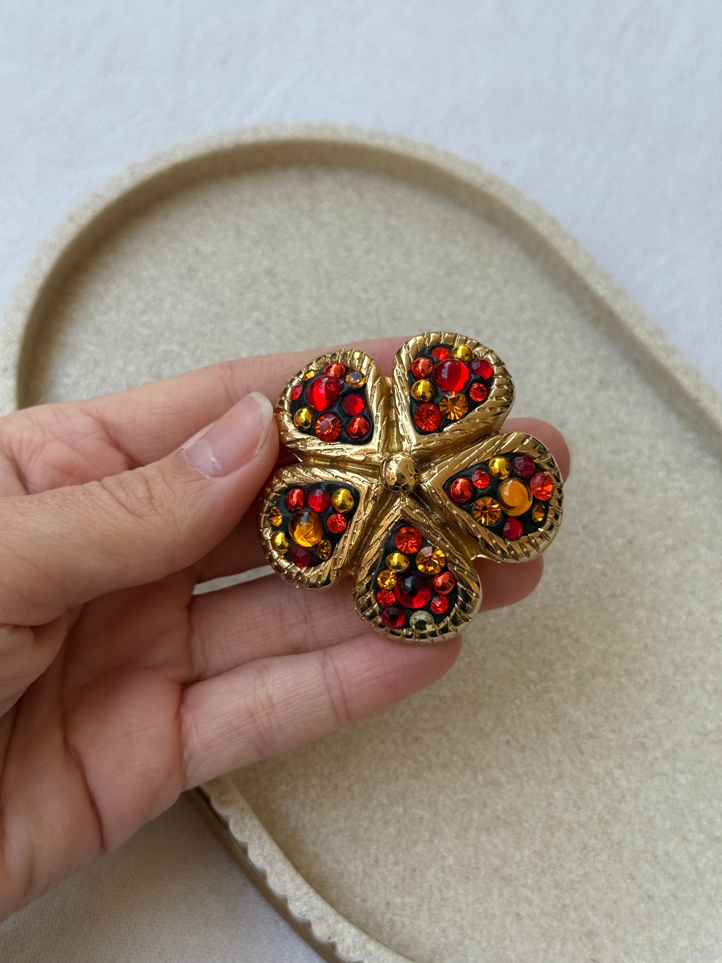 Jacky De G Vintage Brooch - Multicolour Clover Rhinestone