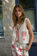 Gilet Sans Manche Côme Broderie Beige/Rouge