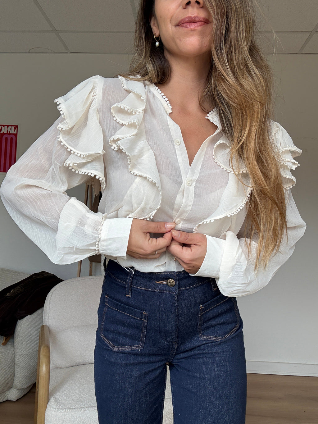 Mia Ecru Ruffled Blouse