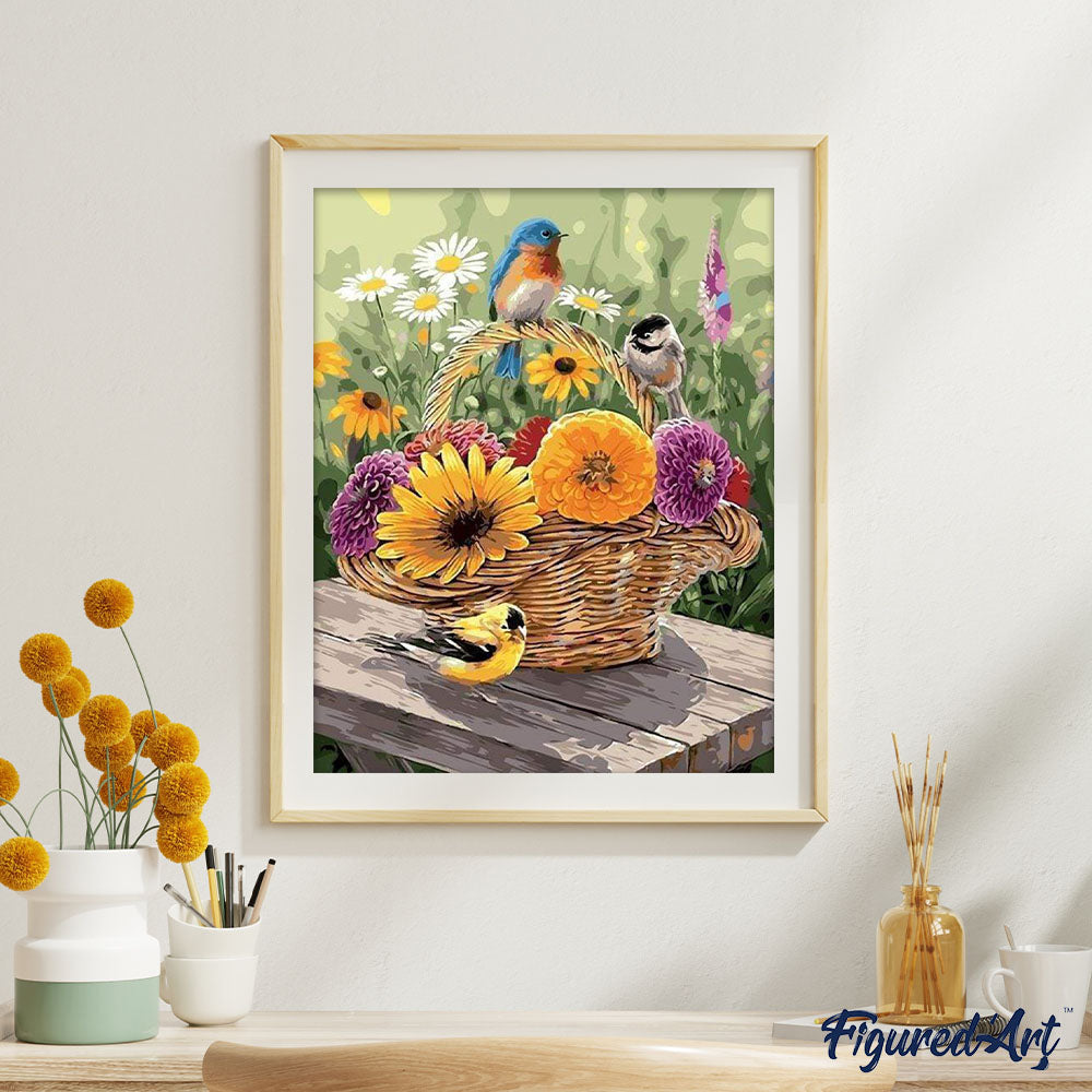 Pintura por números - Flores en una cesta y pájaros