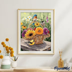 Pintura por números - Flores en una cesta y pájaros