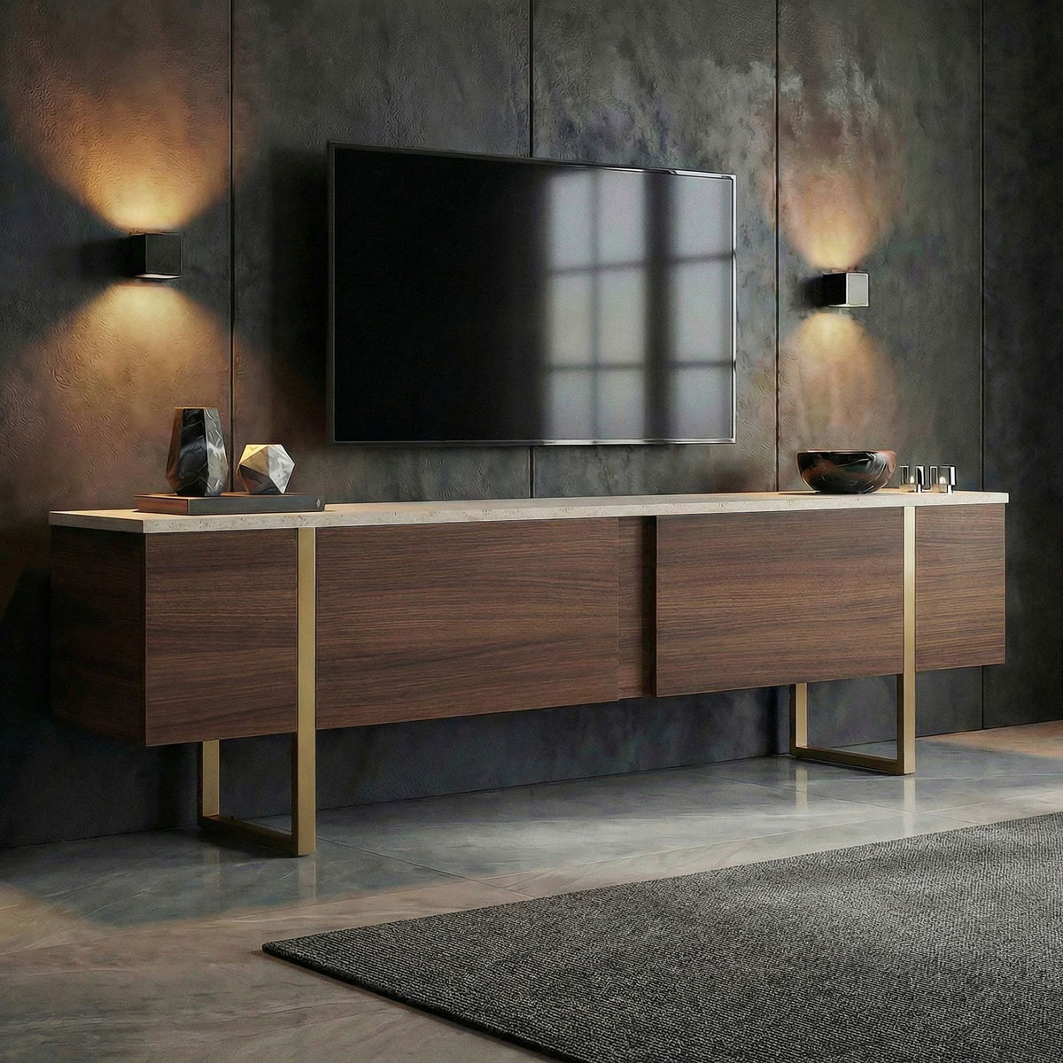 Onera - TV Unit - Travertine/Milano Walnut/Gold