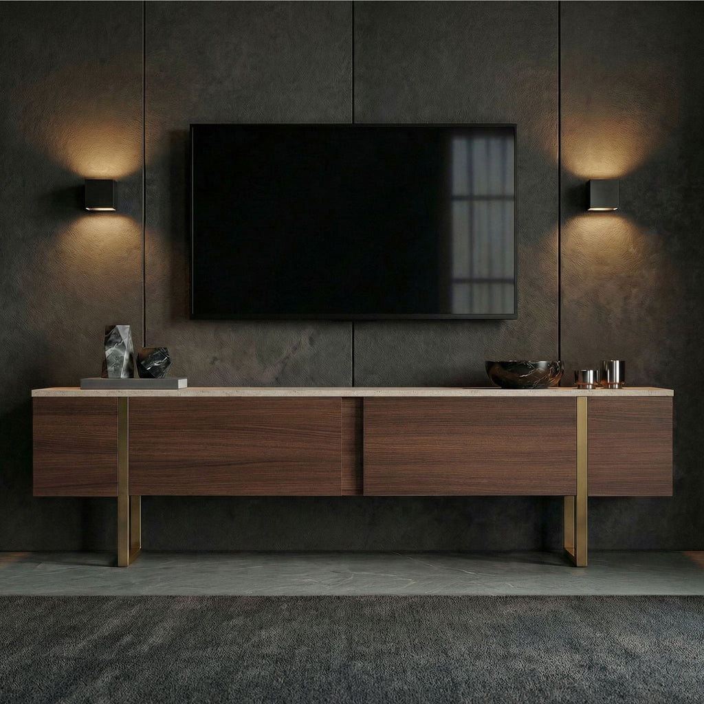 Onera - TV Unit - Travertine/Milano Walnut/Gold