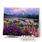 Pintura por números - Flores y lago al pie de la montaña