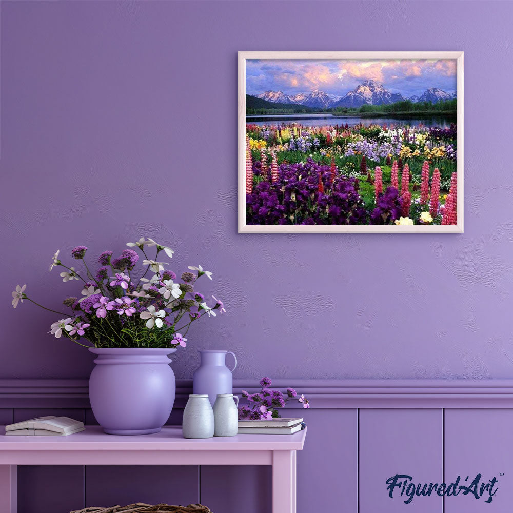 Pintura por números - Flores y lago al pie de la montaña