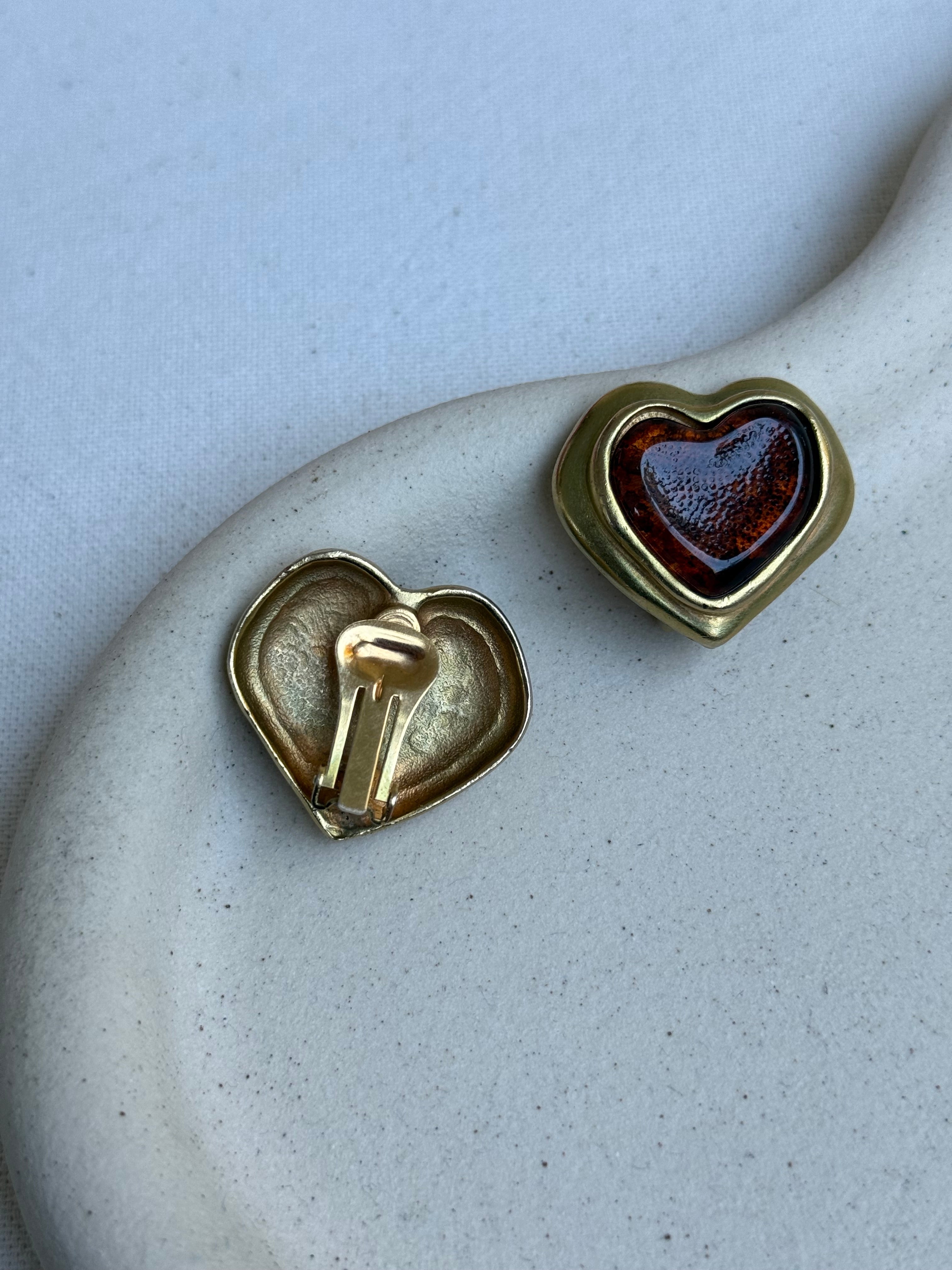 Boucles D’Oreilles Vintage - Coeurs Cabochons Résine Ambrée