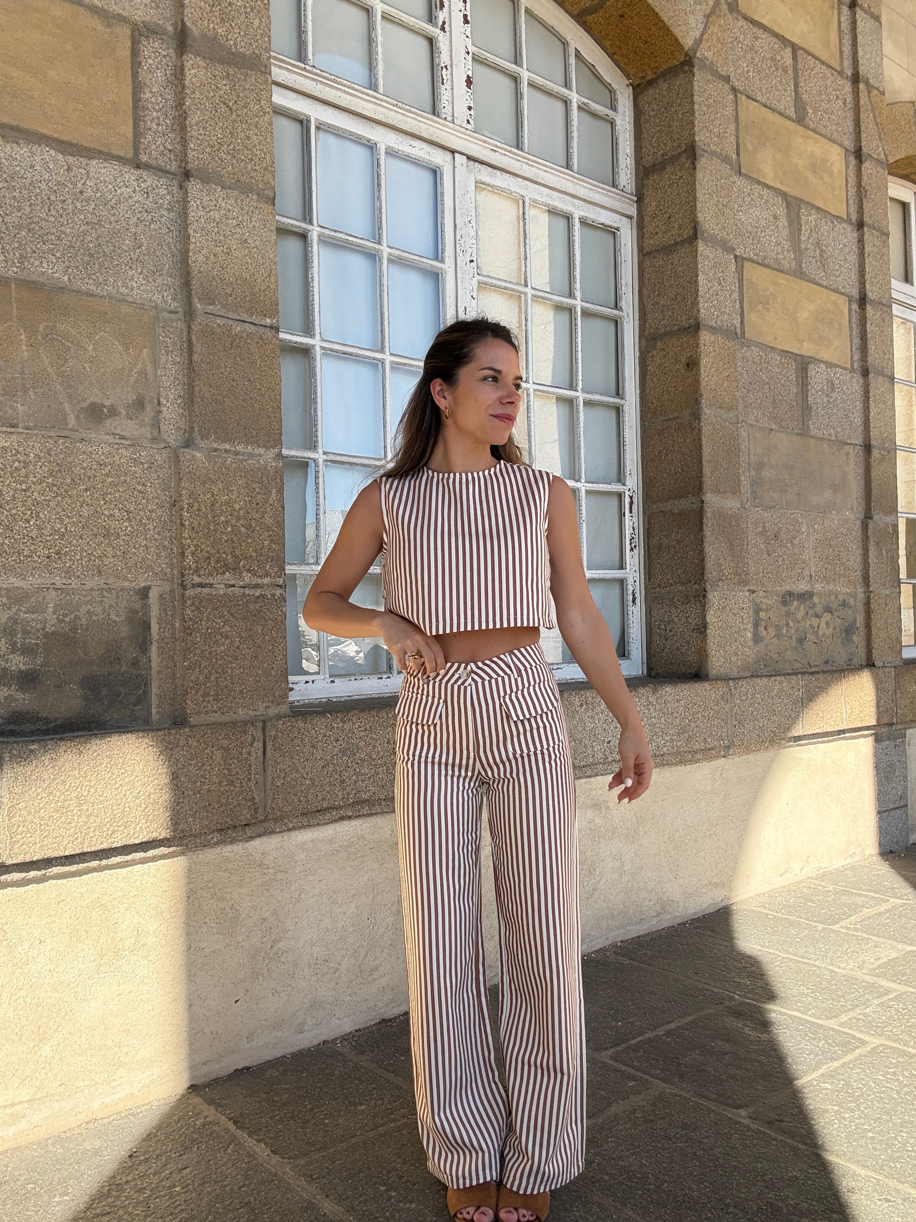 Pantalon Rayé Marin Camel