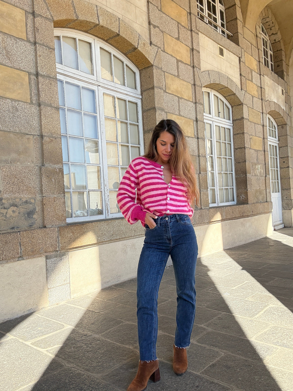 Cardigan Solela Rayé Rose Et Rouge