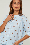 Chemise En Coton, Manches Courtes Motif Pois - Ciel