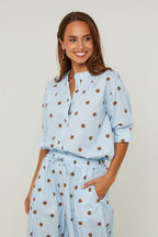 Chemise En Coton, Manches Courtes Motif Pois - Ciel