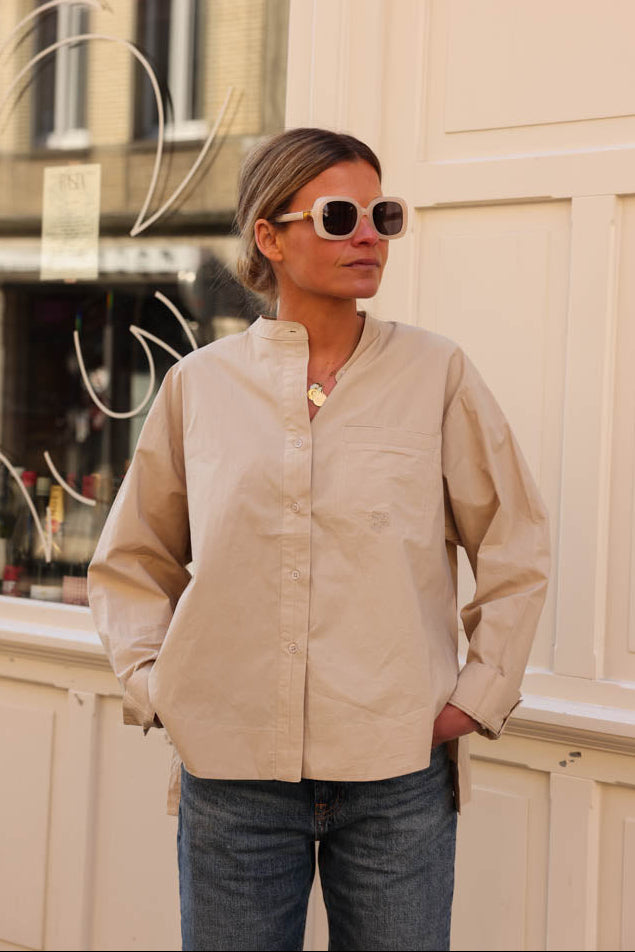 Beige Mandarin Collar Victoire Blouse