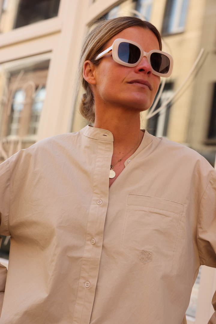 Beige Mandarin Collar Victoire Blouse