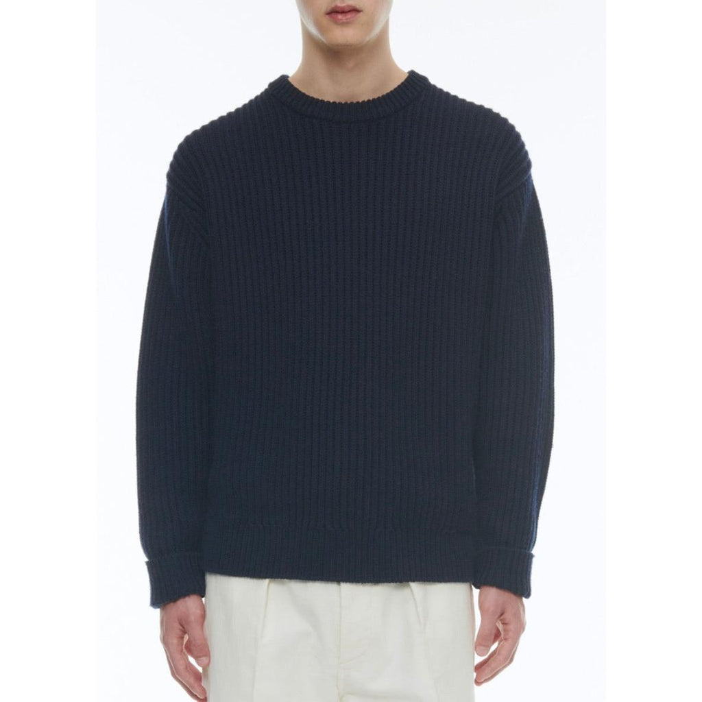 Ribbed Round Neck Wool Sweater - Navy