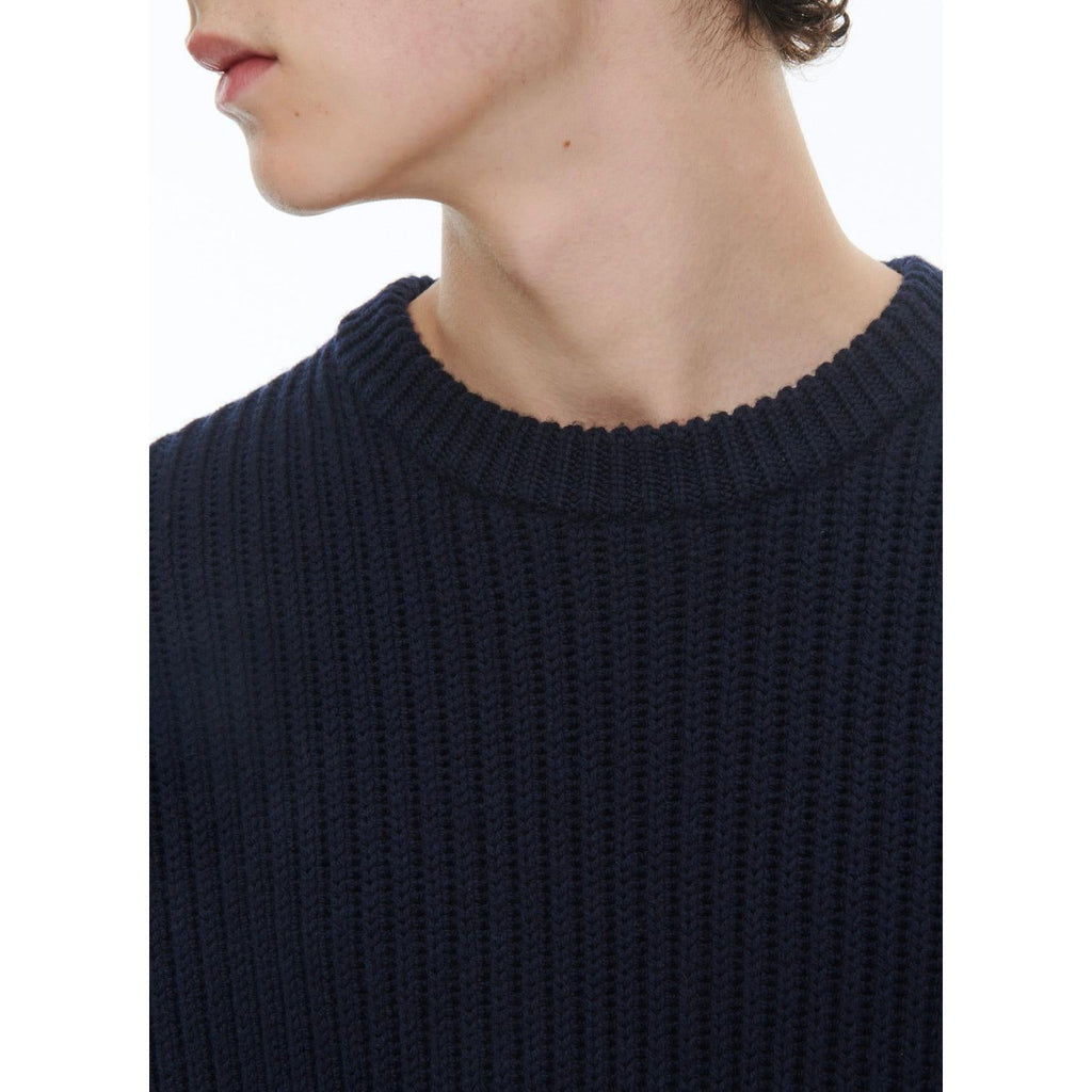 Ribbed Round Neck Wool Sweater - Navy