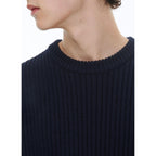 Ribbed Round Neck Wool Sweater - Navy