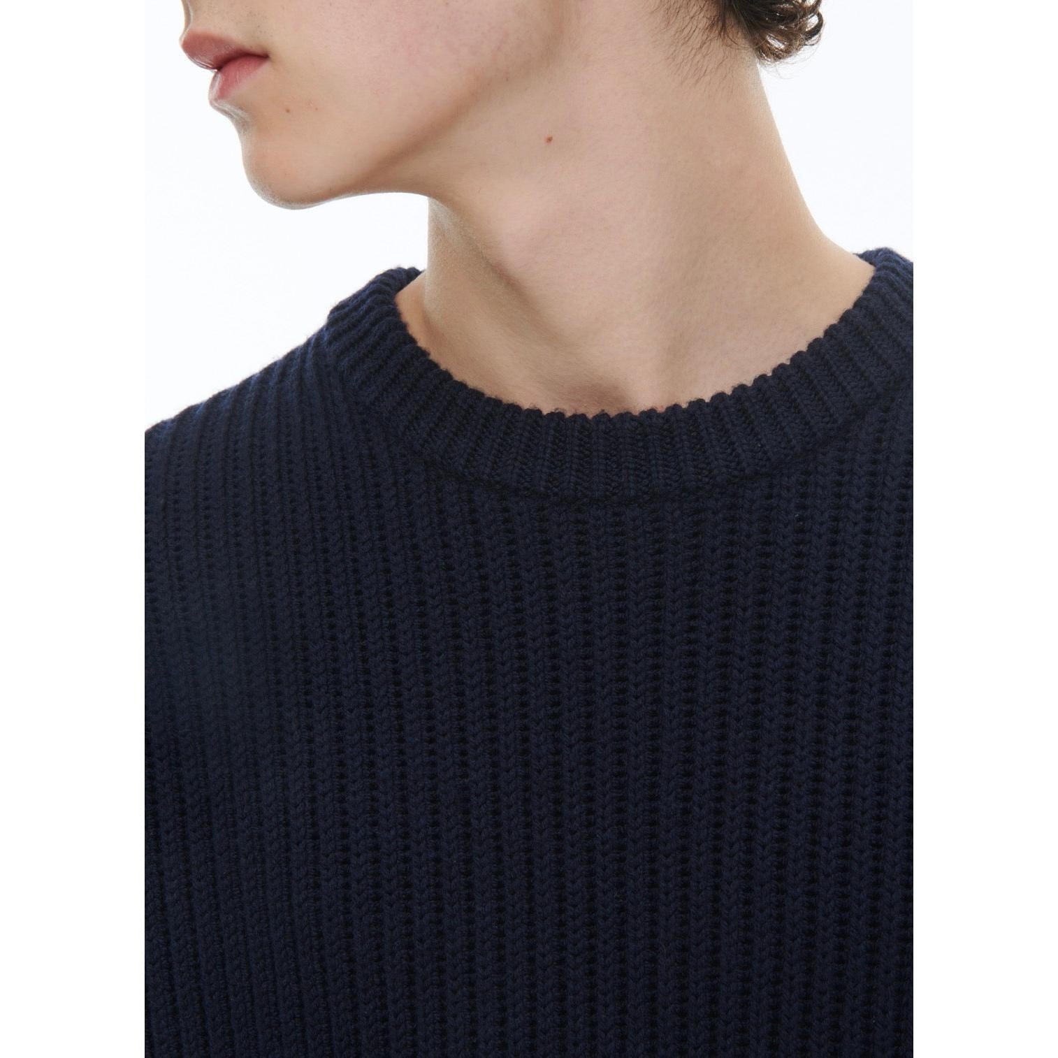 Ribbed Round Neck Wool Sweater - Navy