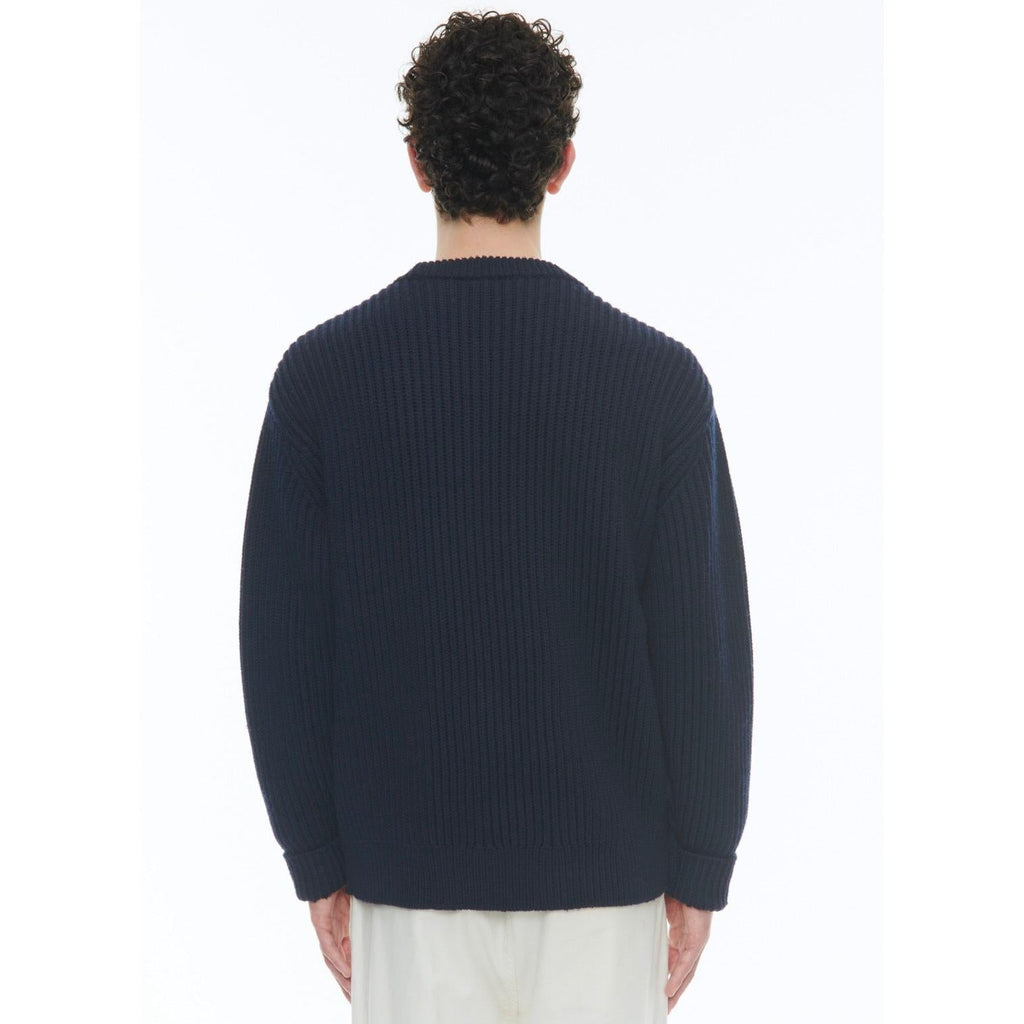 Ribbed Round Neck Wool Sweater - Navy