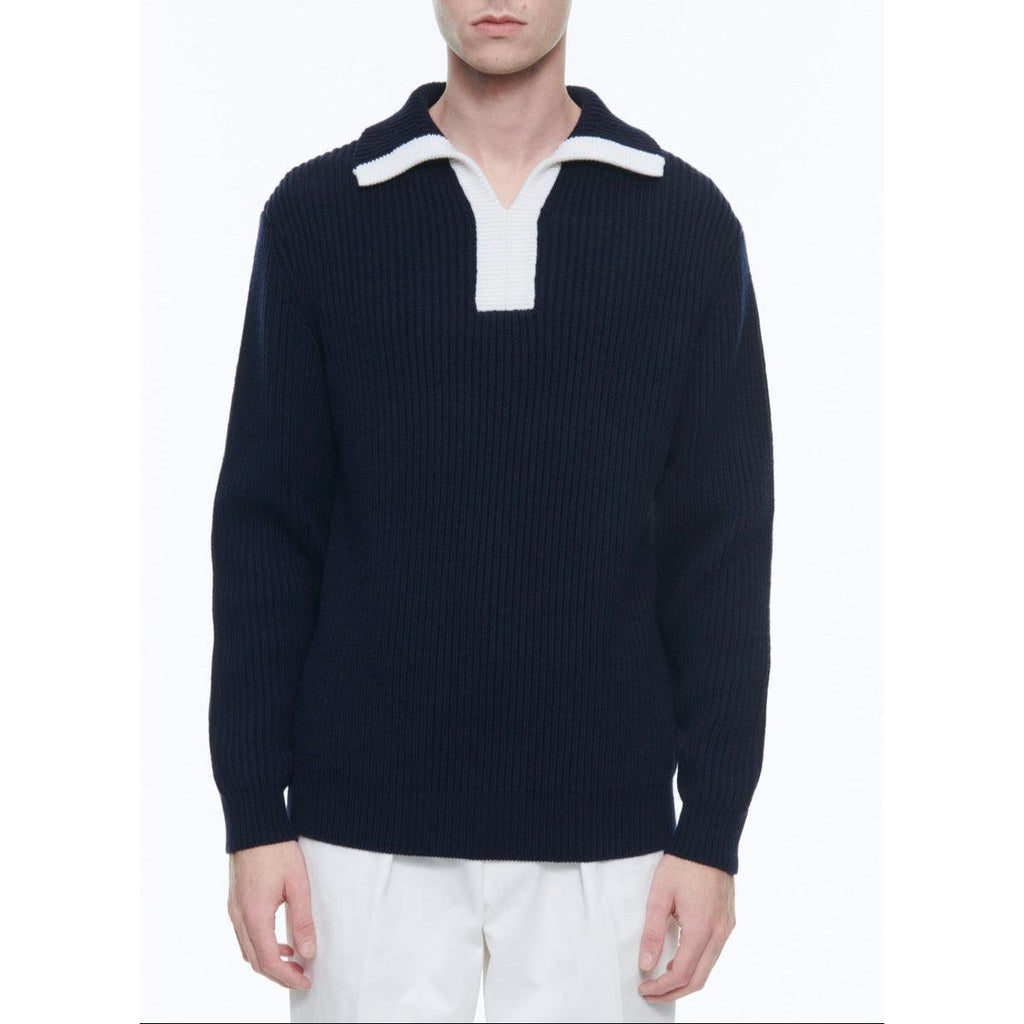 Jersey De Lana Y Algodón Con Cuello Trucker - Azul Marino