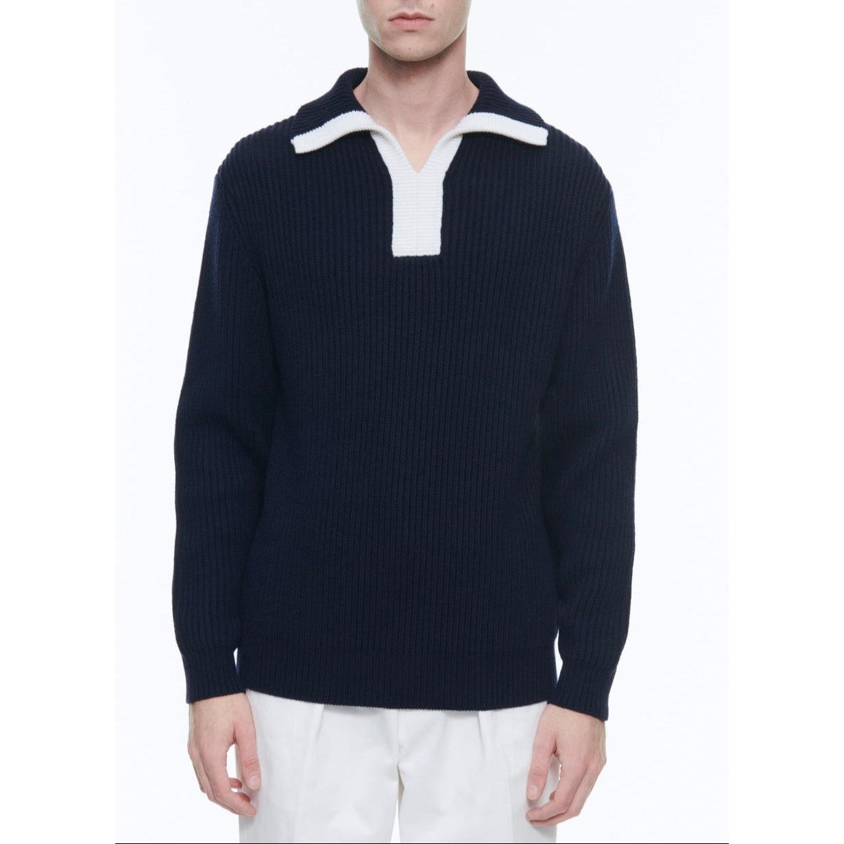 Jersey De Lana Y Algodón Con Cuello Trucker - Azul Marino