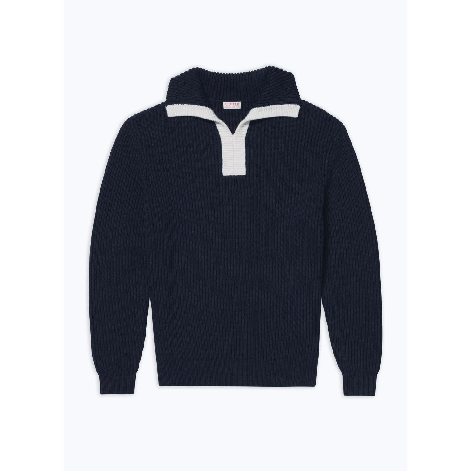 Jersey De Lana Y Algodón Con Cuello Trucker - Azul Marino