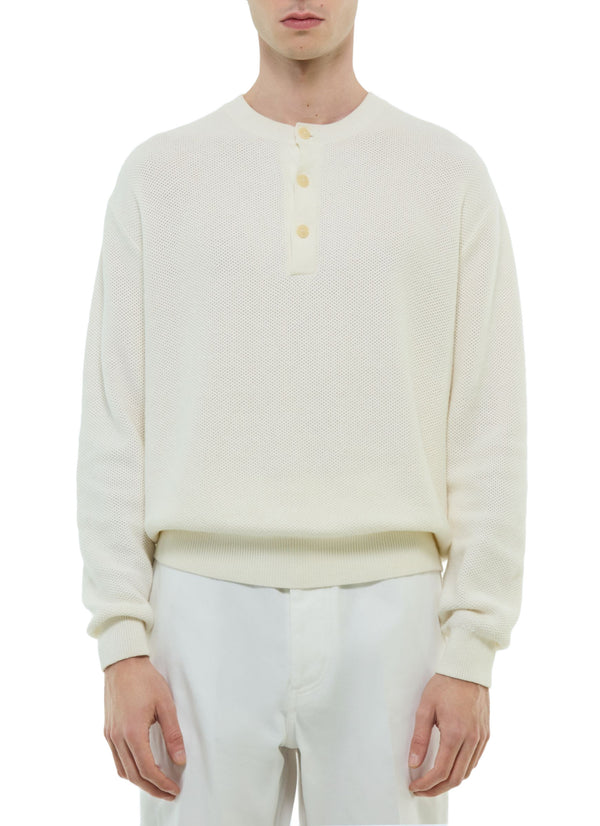 Maglione Girocollo Con Abbottonatura A Nido D'Ape - Ecrù