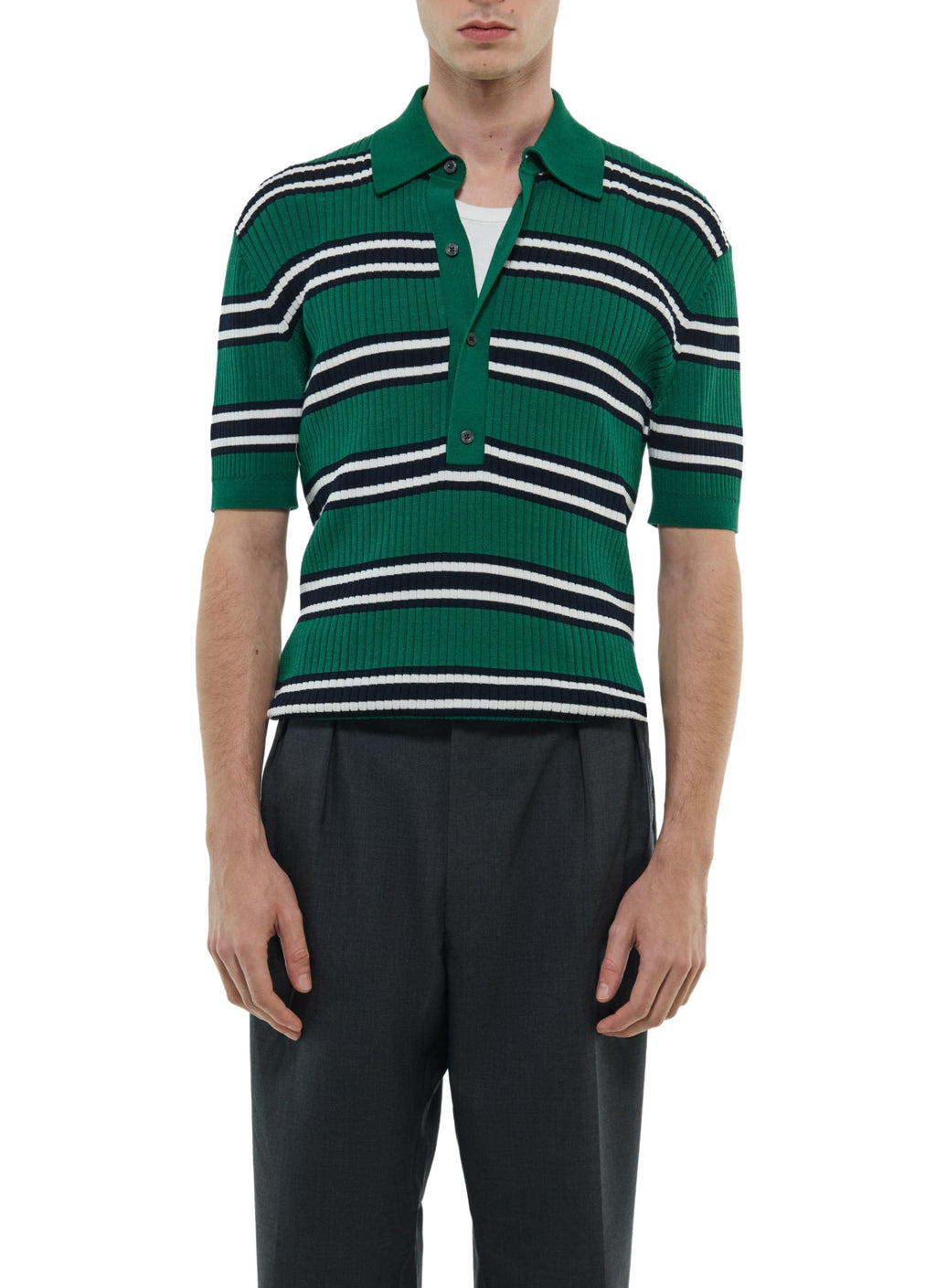 Polo In Maglia A Costine A Righe - Smeraldo