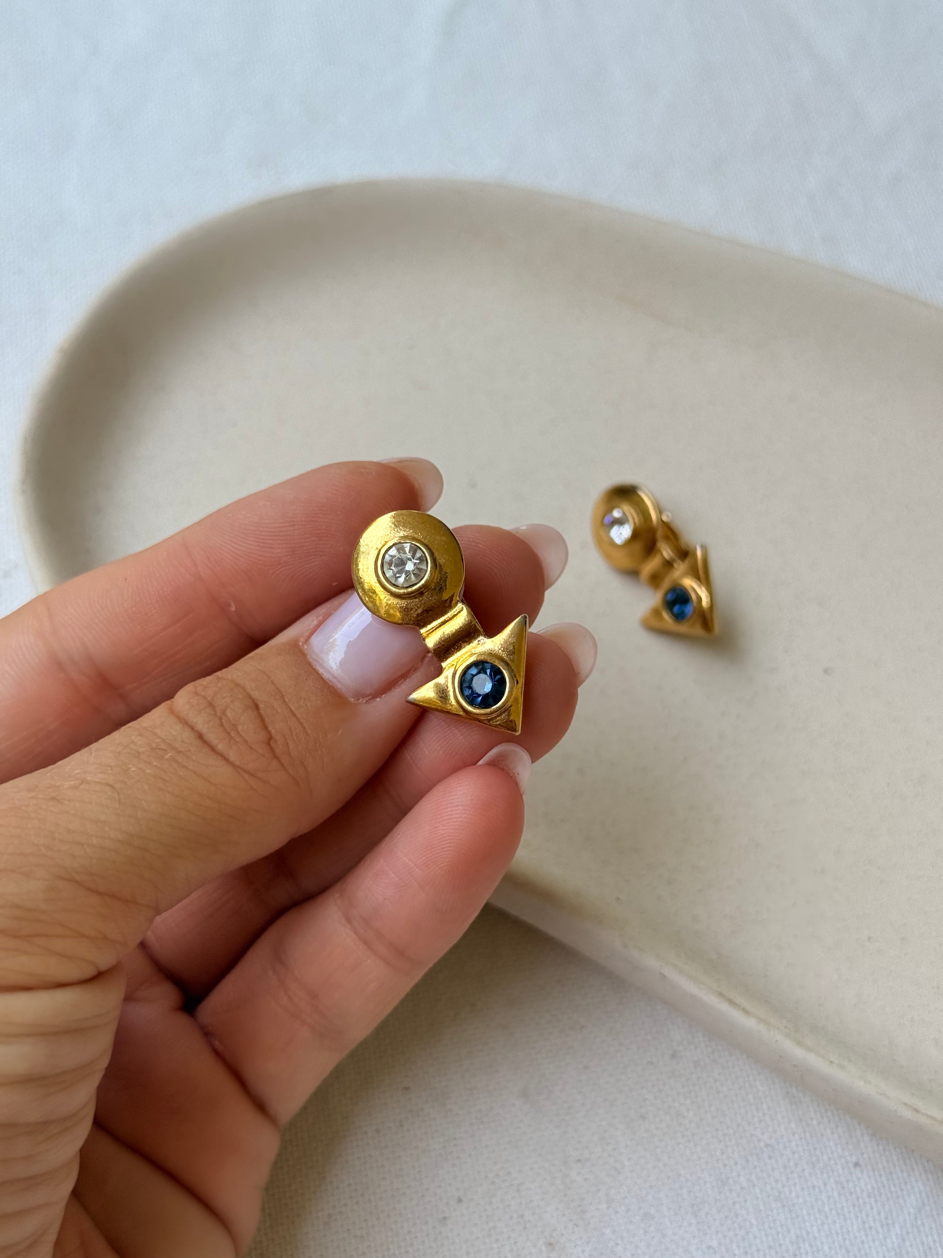Boucles D’Oreilles Vintage - Géométriques Strass Bleus Et Blancs