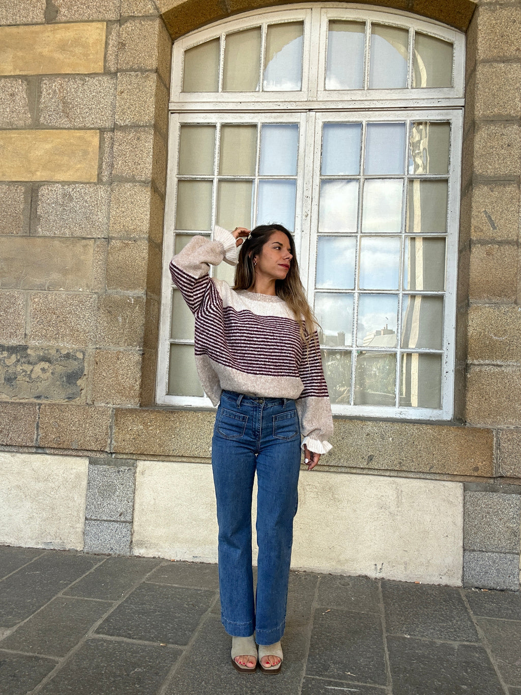 Pull Soline Taupe Rayé Bordeaux